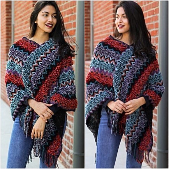 Cozy Bohemian Knit Sweater Poncho O/S - Picture 3 of 6